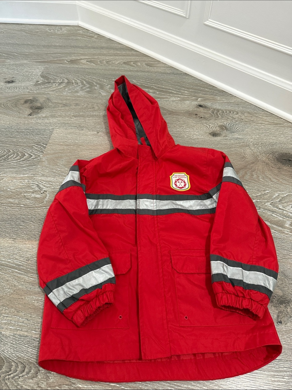 Red Kids' Firefighter-Style Hooded Rain Jacket with Reflective Stripes